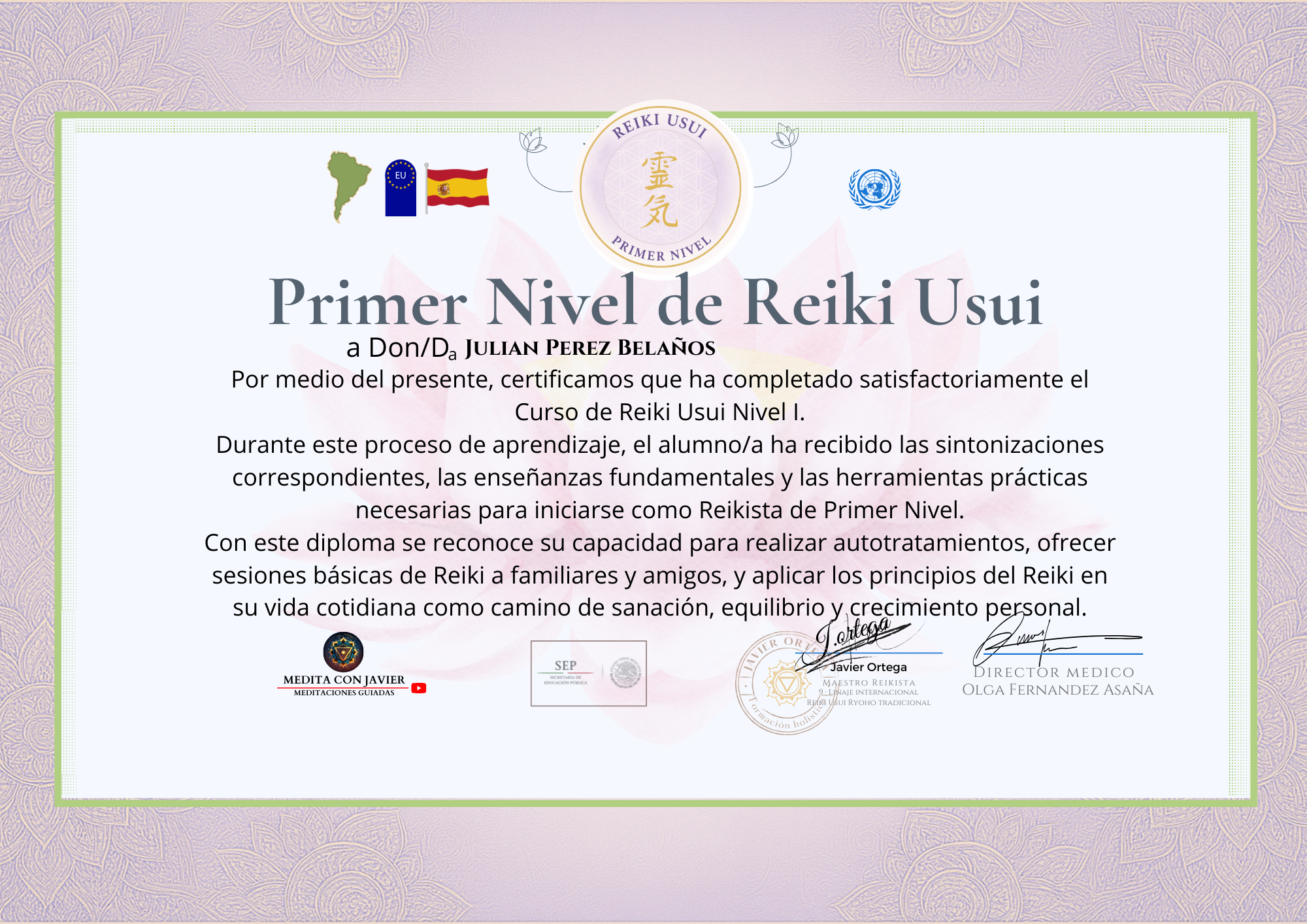 Información Curso Reiki Primer nivel 2 Diploma Reiki Usui Nivel I